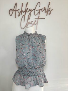 Japna Light Blue Floral Smocked Sleeveless Top